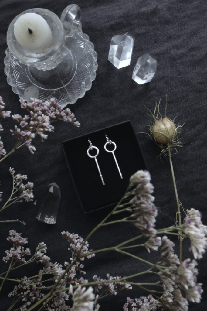 Dangle earrings with Sól, Medieval Rune of Healing & Magick with a candle, Limonium & crystals
