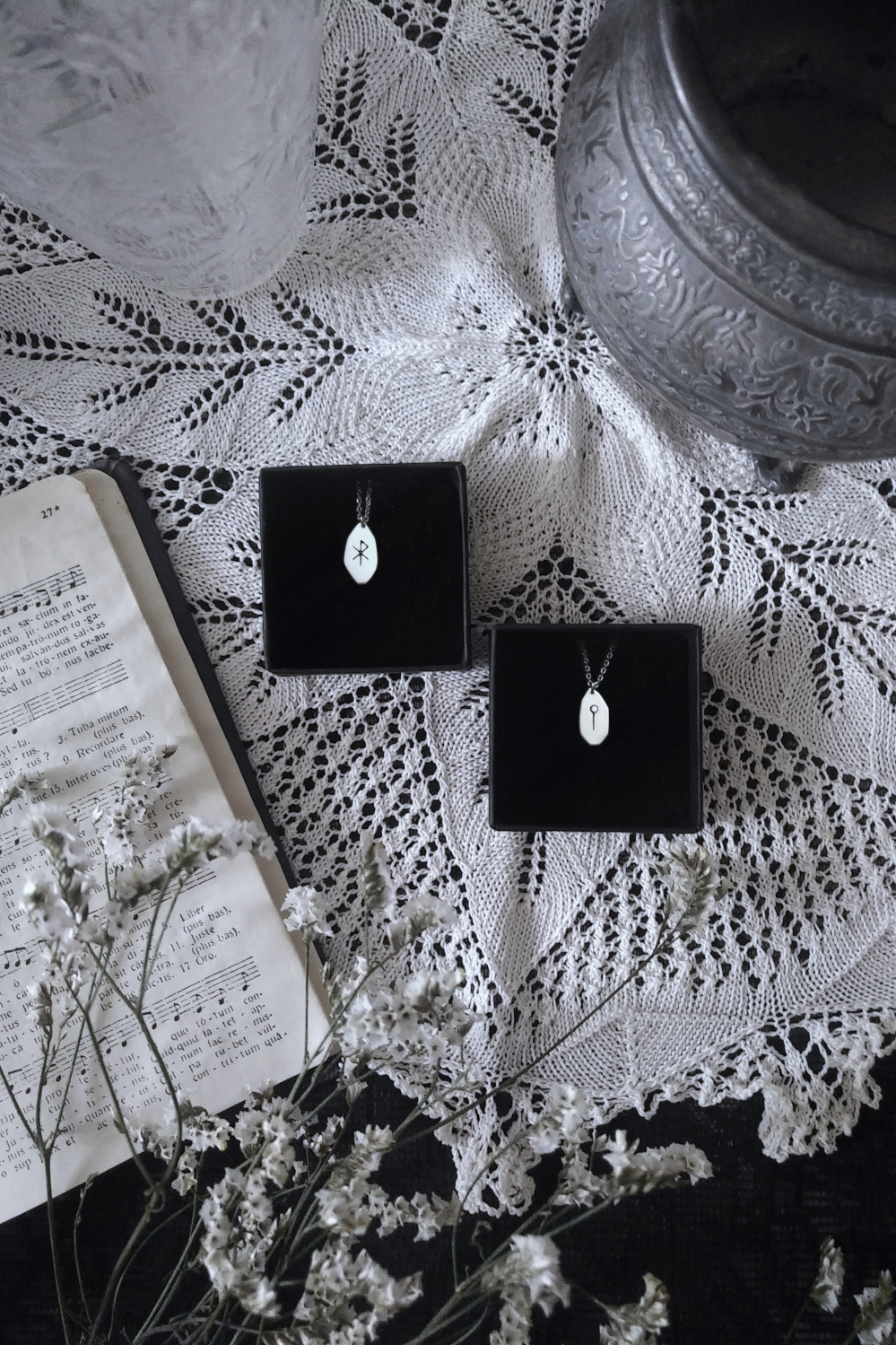 Silver Runic amulets with love Bind-Rune and Sol medieval rune with antique book & cauldron