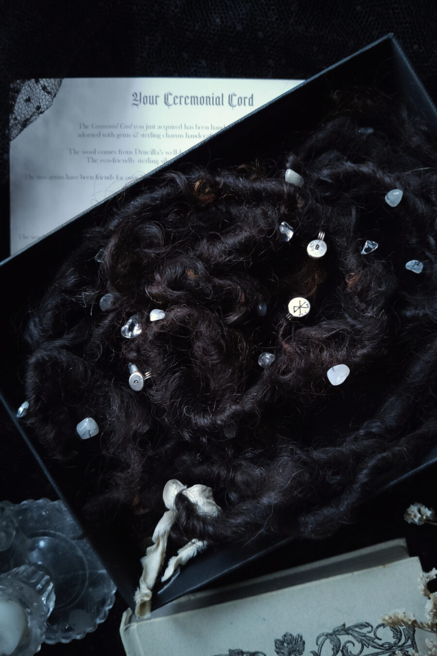 DARKNESS. CEREMONIAL CORD HANDFASTING ✷ Black & auburn handspun wool, custom sterling silver charms & gems - Image 4