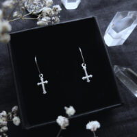 MEMENTO MORI & IROM OTNEMEM. DROP EARRINGS ✷ sustainable silver - mini trefoil cross or inverted crucifix - Image 5