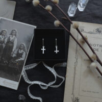 MEMENTO MORI & IROM OTNEMEM. DROP EARRINGS ✷ sustainable silver - mini trefoil cross or inverted crucifix - Image 2