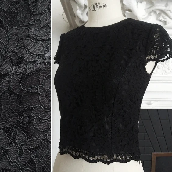 OFFICE-SIREN BLACK GUIPURE LACE TOP ※ fitted,cap sleeves