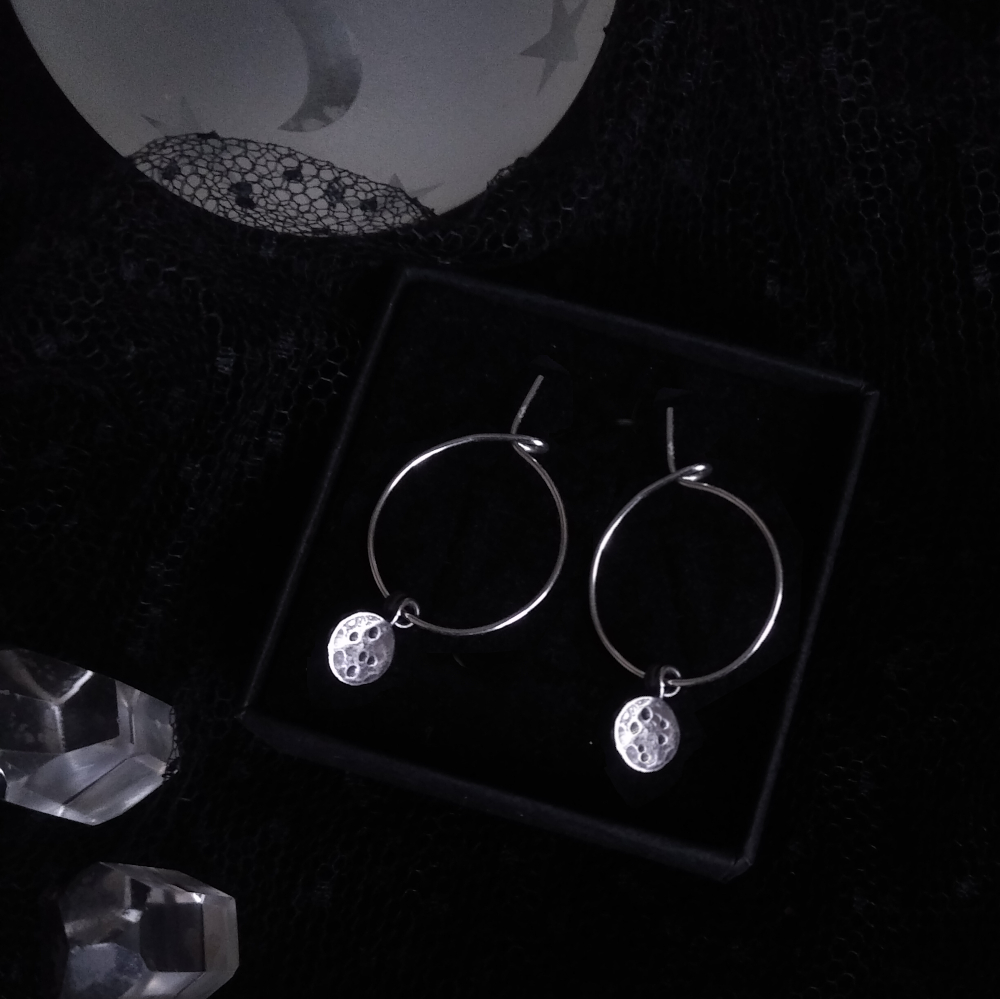 CLAIR DE LUNE EAR HOOPS. LUNAR EARRINGS ✷ sustainable sterling silver – hammered & oxydised