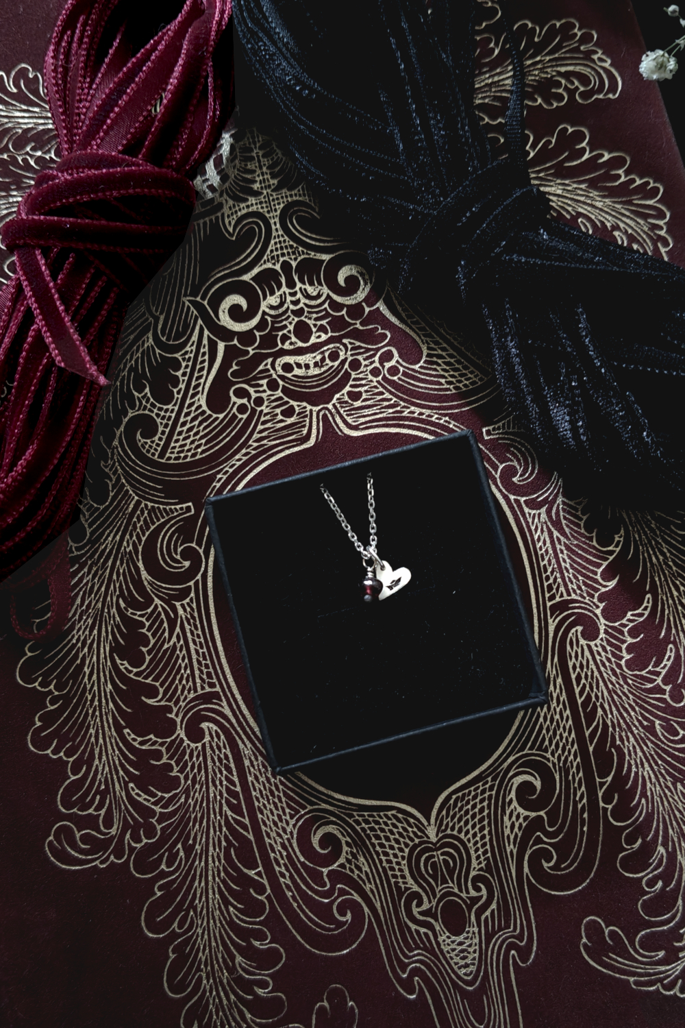 MON SEVL DÉSIR. CORDIFORM AMULET ✷ sustainable sterling silver & garnet or amber bead ✷ sustainable sterling silver - with a leaf or letter & pre-loved garnet or amber bead - Image 4