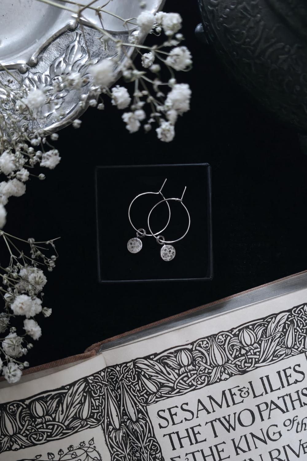 CLAIR DE LUNE EAR HOOPS. LUNAR EARRINGS ✷ sustainable sterling silver – hammered & oxydised - Image 3