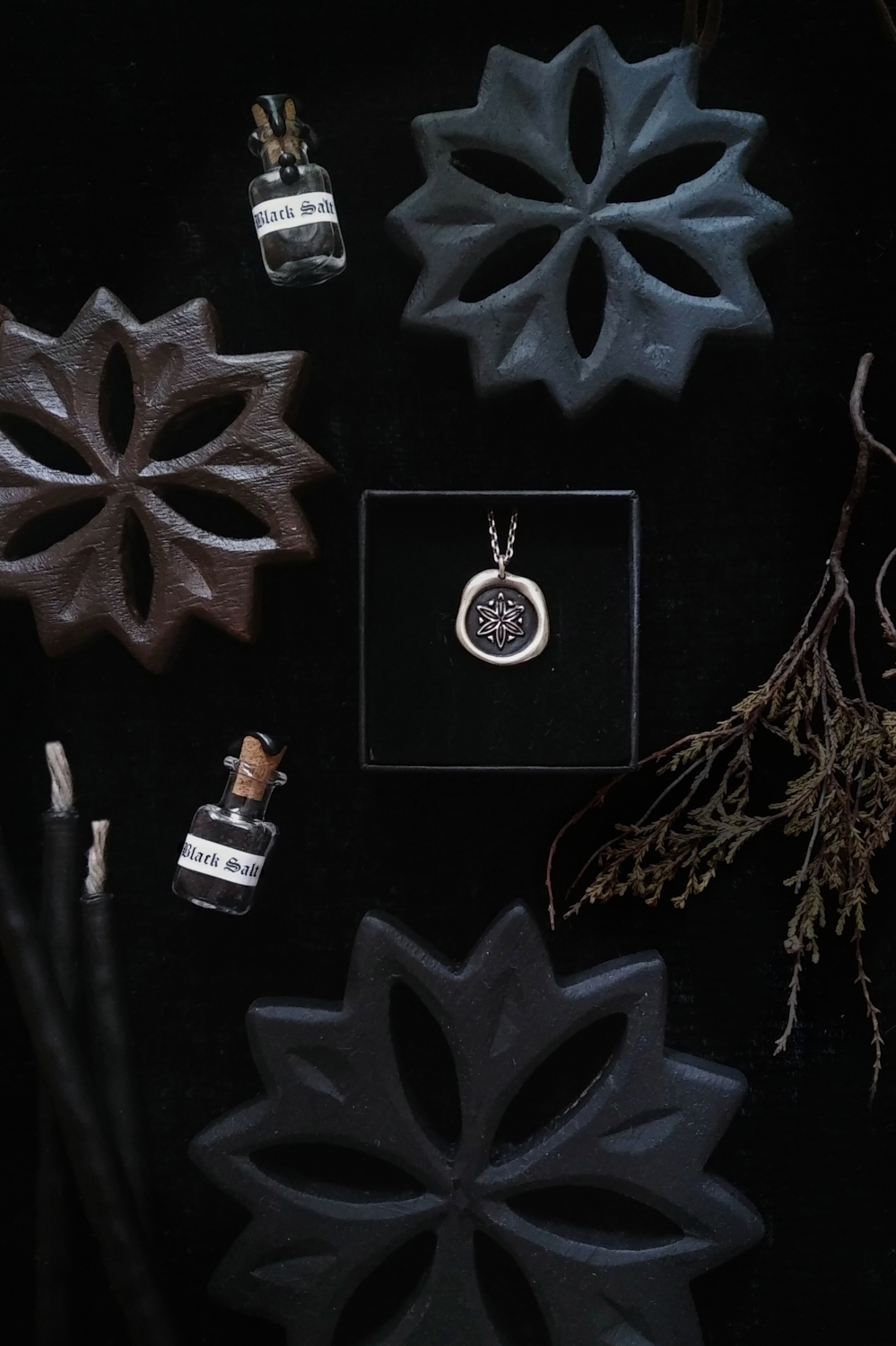 WITCH MARK. DAISY WHEEL ARTEFACT ✷ carved wood rosette / hexafoil - matte black or dark brown - Image 2