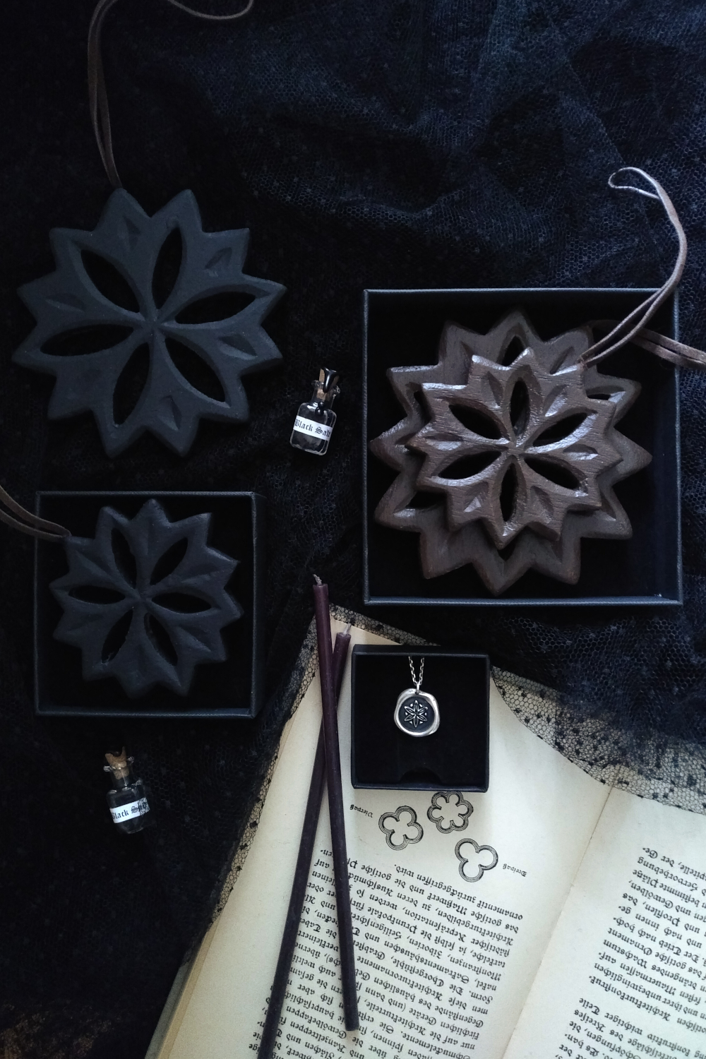 WITCH MARK. DAISY WHEEL ARTEFACT ✷ carved wood rosette / hexafoil - matte black or dark brown - Image 9